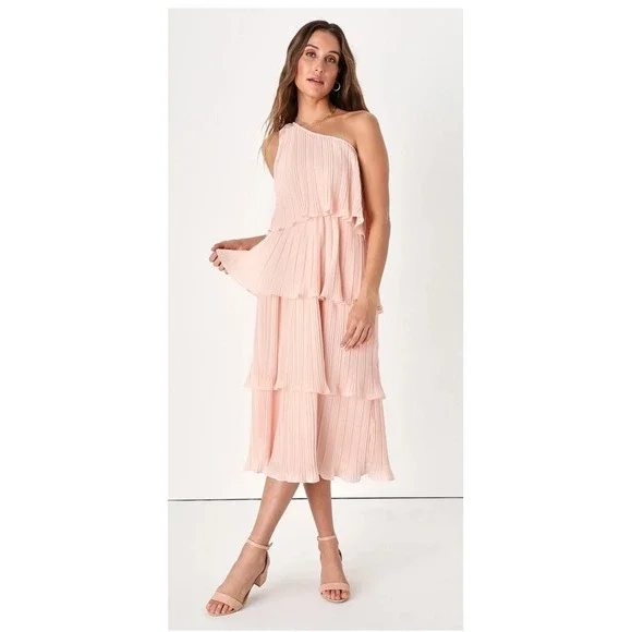 Lulus Blush Pink One Shoulder Midi Tiered Dress Summer Wedding Vacation Medium - Picture 10 of 11